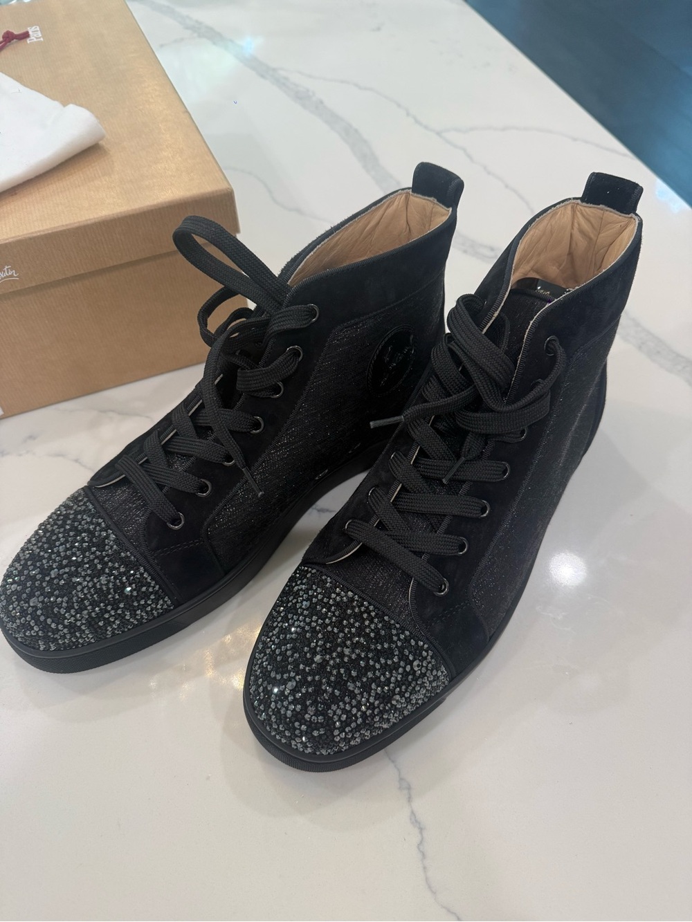 Authentic Christian Louboutin Black High-Top Crystal Toe Cap Sneakers NIB